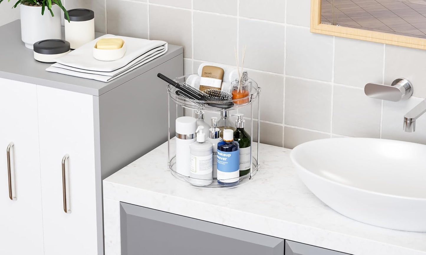 Yieach Spinning Bathroom Organizer,2Tier Bathroom Counter Makeup Lazy Susan Organizer,360 Rotating Vanity Organizers for Lotion,Hair,Beauty Products,Skin care Holder and Skincare Organizers Countertop