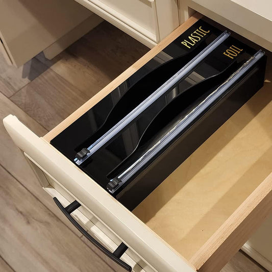 OnDisplay Luxe Acrylic 2-in-1 Plastic Wrap/Wax Paper/Aluminum Foil Dispenser for Drawer or Wall Mountable - Cling Wrap/Parchment Paper/Tin Foil Holder for Kitchen (Black 2-in-1)