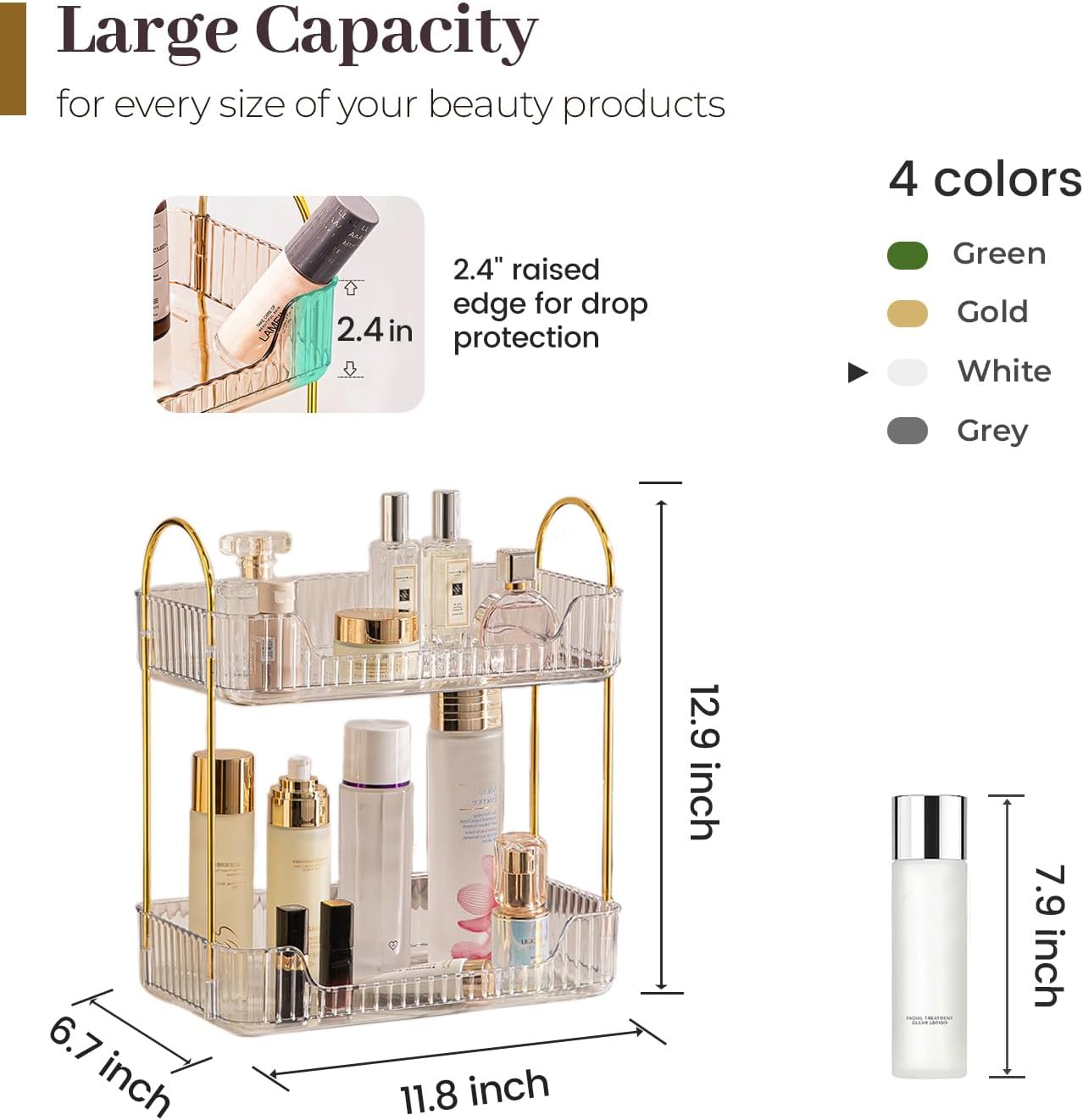Aveniee Bathroom Counter Organizer, 2 Tier Perfume Skin Care Countertop Storage Shelf, Vanity Makeup Tray for Cosmetic Skincare Lotion,Clear