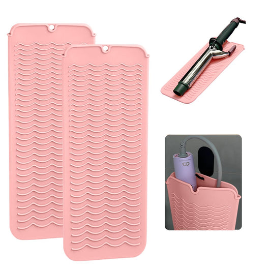 2 Heat Resistant Silicone Mat with Hanging Hole, Straightener Heat Resistant Travel Mat & Pouch for Curling Iron, Flat Iron and Other Hot Hair Styling Tools, 11 x 5 in, Pink