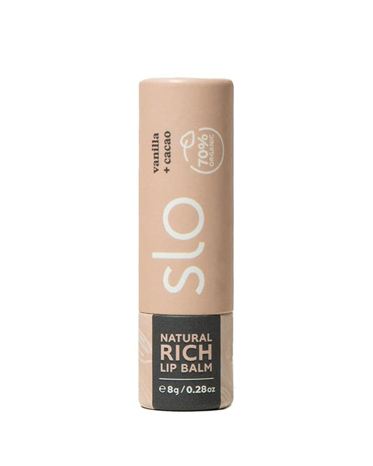 Slo | Natural Lip Balm - All Natural Ingredients, Vegan & Cruelty Free, Hydrating & Soothing, Plastic Free, Paper Packaging | Vanilla + Cacao, (0.28oz/8g)