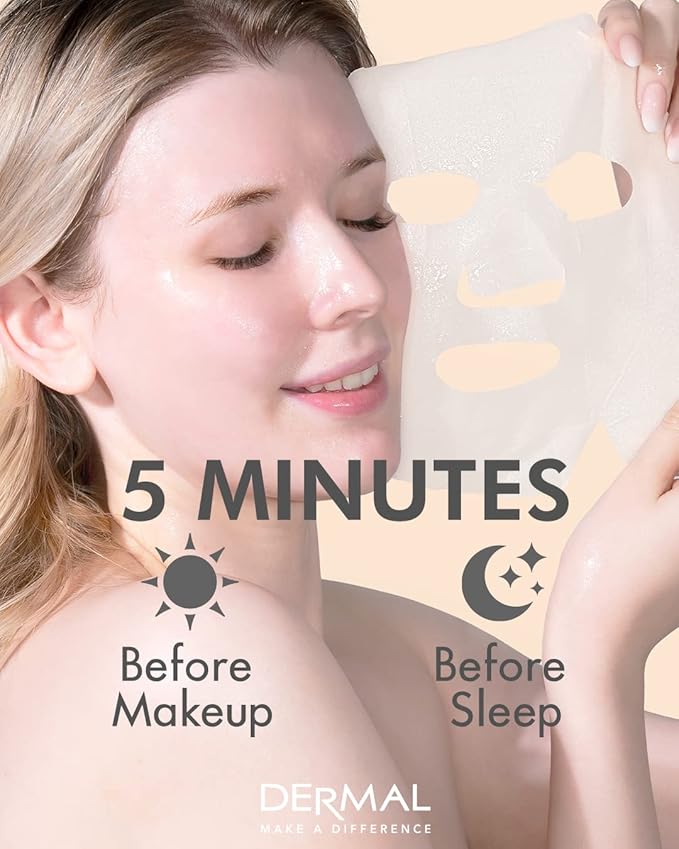 DERMAL 32 Combo Pack Collagen Essence Korean Face Mask - Hydrating & Soothing Facial Mask with Panthenol - Hypoallergenic Self Care Sheet Mask for All Skin Types - Natural Home Spa Treatment Masks