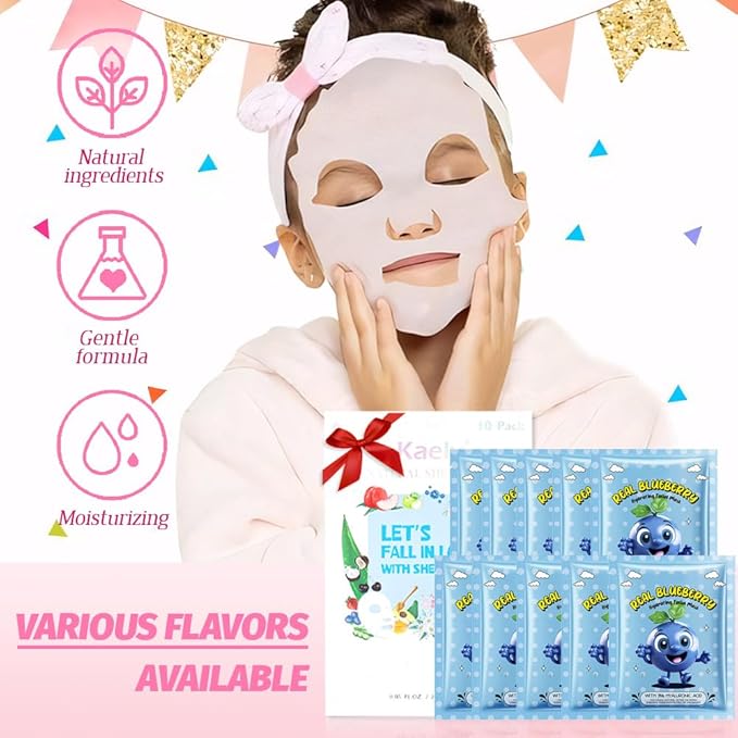 Kaely 10 Pack Blueberry Face Masks for Kids, Kids Face Mask Spa Day kit Supplies, Spa Party Favors for Teens Girls Women, Sheet Facial Mask Skincare Gifts Set, Moisturize for All Skin Types, 07