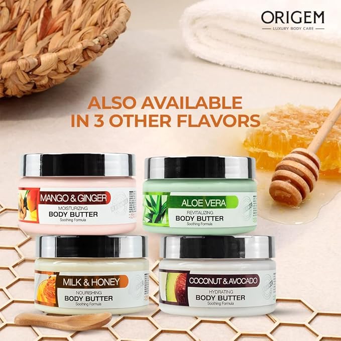 ORIGEM Body Butter for Dry Skin – Deep Hydration & Skin Repair – Coconut, Avocado, Shea & Argan Oil – Vitamin E Moisturizer for Women – Non-Greasy Body Cream – 8 Oz