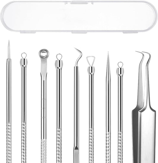5PCS Blackhead Remover Comedone Extractor Kit - Professional Stainless Steel Tools for Pimple, Acne, and Blemish Removal - Curved Tweezers Included