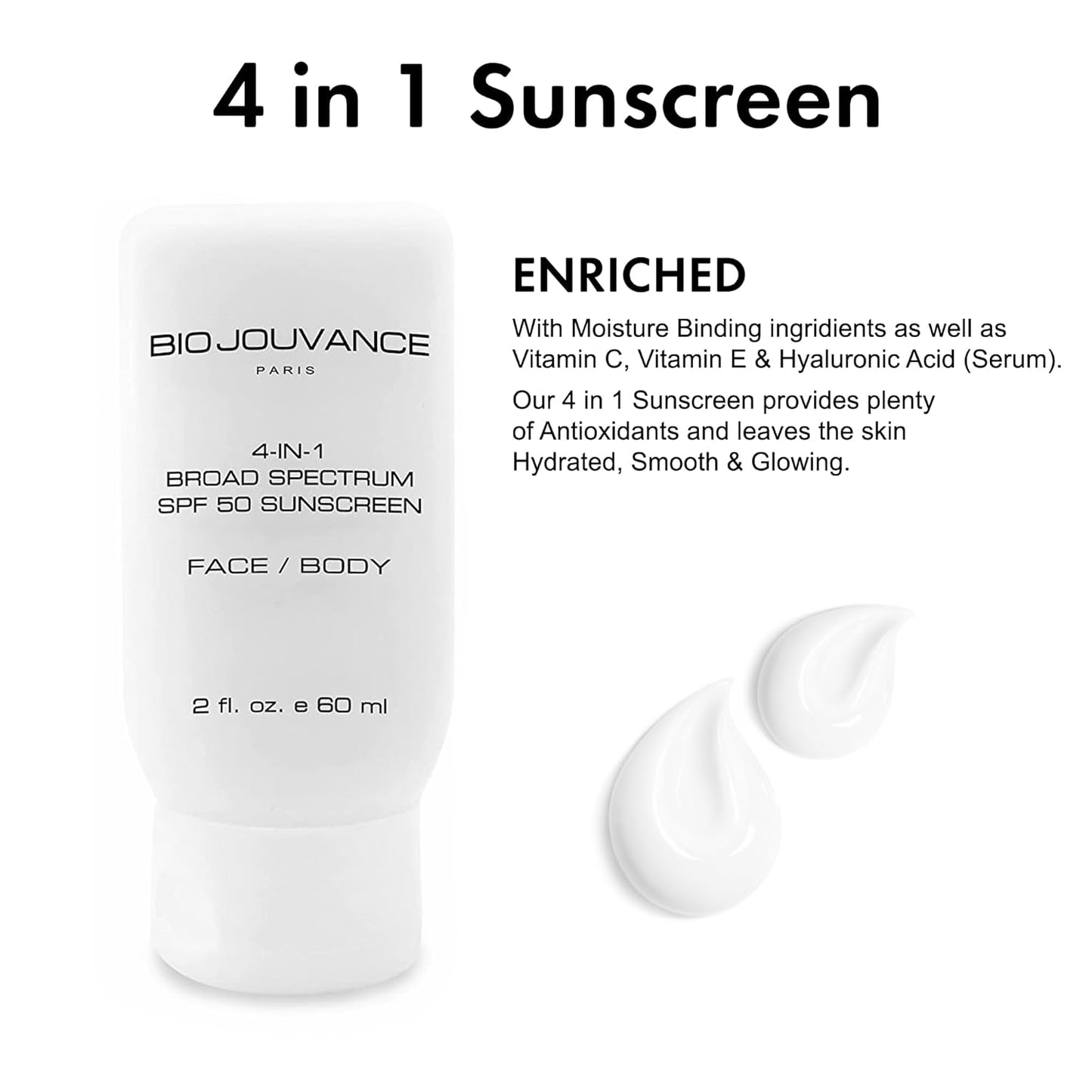 4 In 1 Sunscreen 2oz(60ml) | SPF50 Sunblock + Moisturizer + Anti-Aging + Antioxidant | Face&Body Sensitive Skin | Made in France