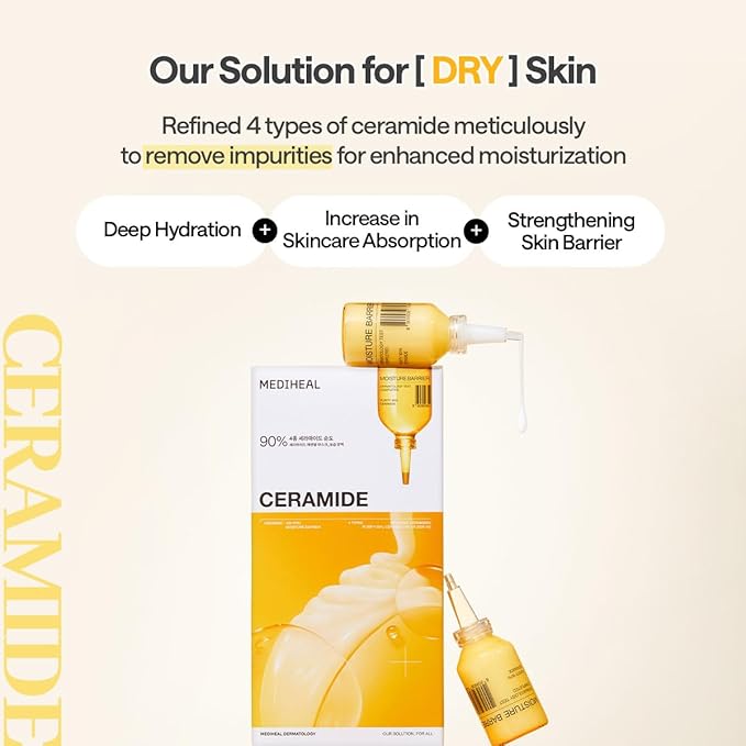 Mediheal Ceramide Essential Sheet Mask Moisture Barrier 10 pcs. 90% Ceramide & 4X Ceramide Liposome Technology for intense hydration and strengthening the barrier. Vegan formula.