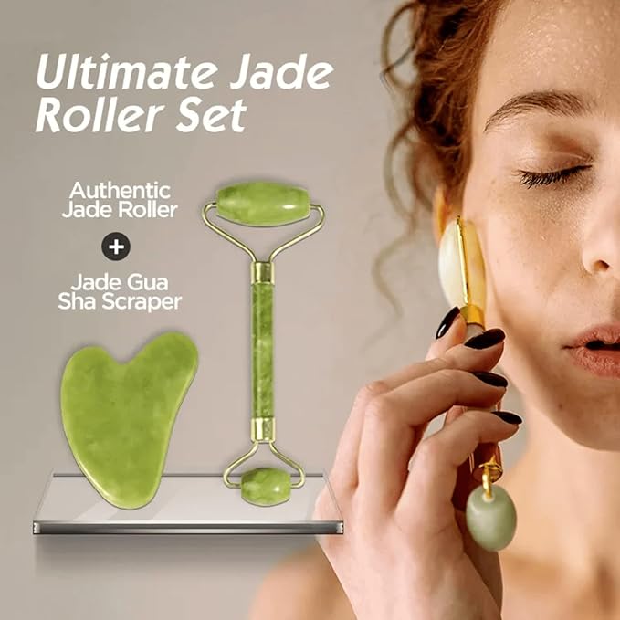 Gua Sha and Jade Roller Set for Facial Massage – Skin Care Tools to Reduce Puffiness and Redness, Perfect Self-Care Gift for Men and Women (Green)