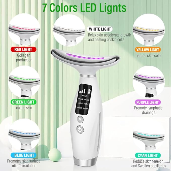 7-in-1 Neck and Face Grooming Device with Red Light Therapy, 3 Vibration Modes and Ergonomic Design to Firm Skin and Eliminate Wrinkles