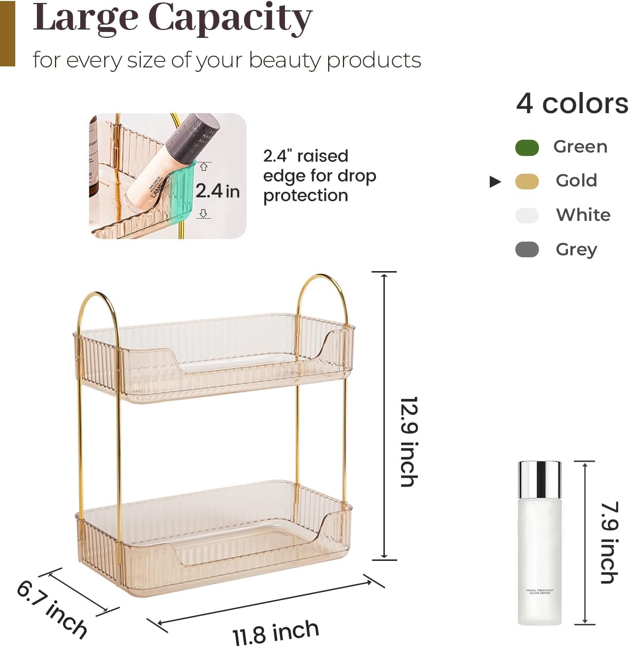 Aveniee Bathroom Counter Organizer, 2 Tier Perfume Skin Care Countertop Storage Shelf, Vanity Makeup Tray for Cosmetic Skincare Lotion, Gold