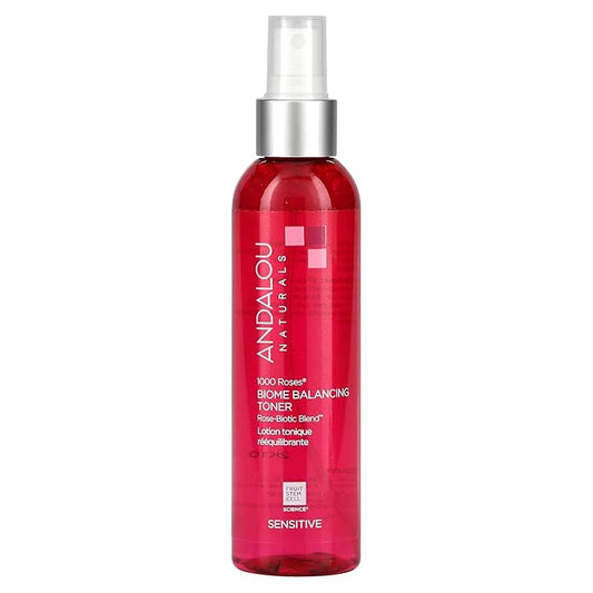 Andalou Naturals Toner, 1000 Roses Biome Balancing Facial Toner, Refreshing & Gentle on Sensitive Skin, Rose-Biotic Blend to Help Protect & Strengthen Skin Barrier, 6 Fl Oz Spray