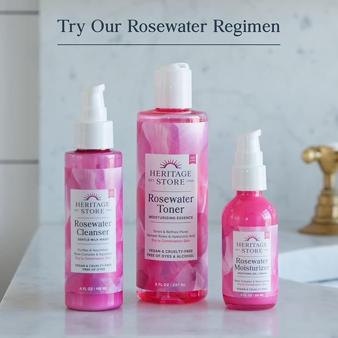 HERITAGE STORE Rosewater & Glycerin Hydrating Facial Mist - Dry Combination Skin Care - Rose Water Spray w/ Vegetable Glycerine, Made Without Dyes or Alcohol, Hypoallergenic, Vegan, Cruelty Free, 4oz