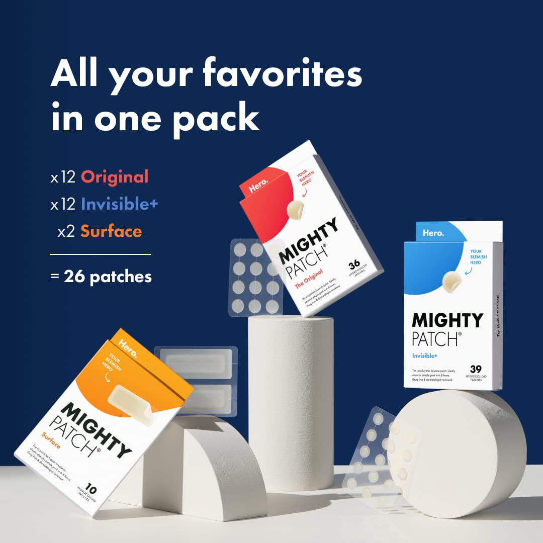 Mighty Patch™ Variety Pack from Hero Cosmetics - Hydrocolloid Acne Pimple Patches for Covering Zits and Blemishes, Spot Stickers for Face and Skin, Korean Skin Care, 26 ct (Pack of 2)