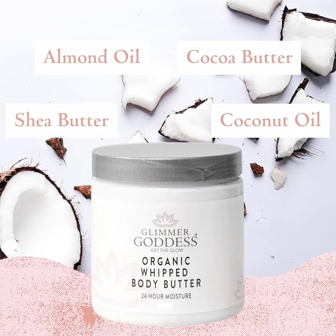 GLIMMER GODDESS Organic Whipped Body Butter - Unscented, Vegan, 24 hour Hydration, Reduces Stretch Marks, For Eczema and all Skin Types, Baby Friendly, Organic Ingredients 8 oz