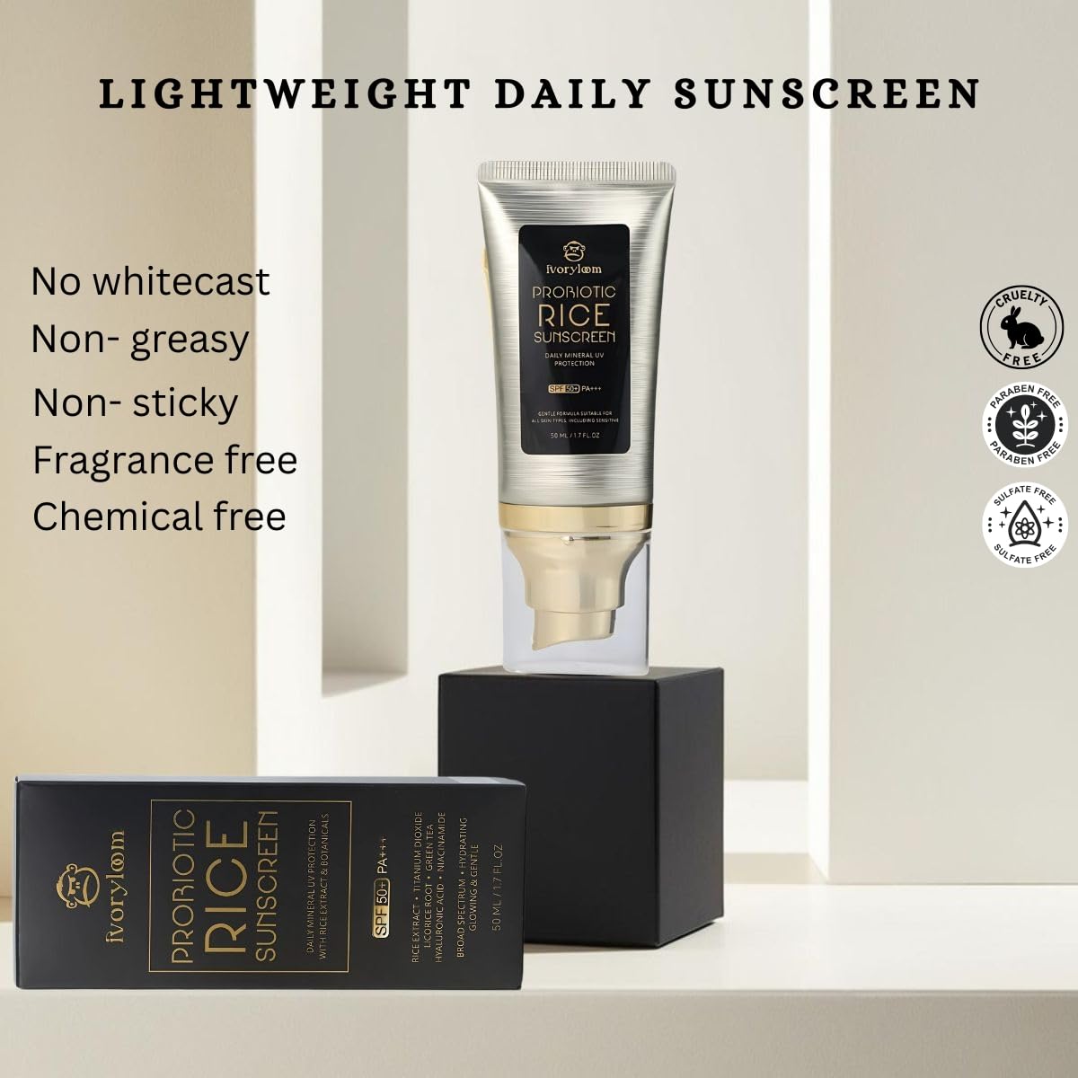 ivoryloom SPF 50 PA++++ Mineral Sunscreen | Fast Absorbing Hydration with Rice Ferment, Niacinamide, Hyaluronic Acid, Titanium Dioxide | Broad Spectrum | No White Cast | Reef Safe | 1.7 OZ