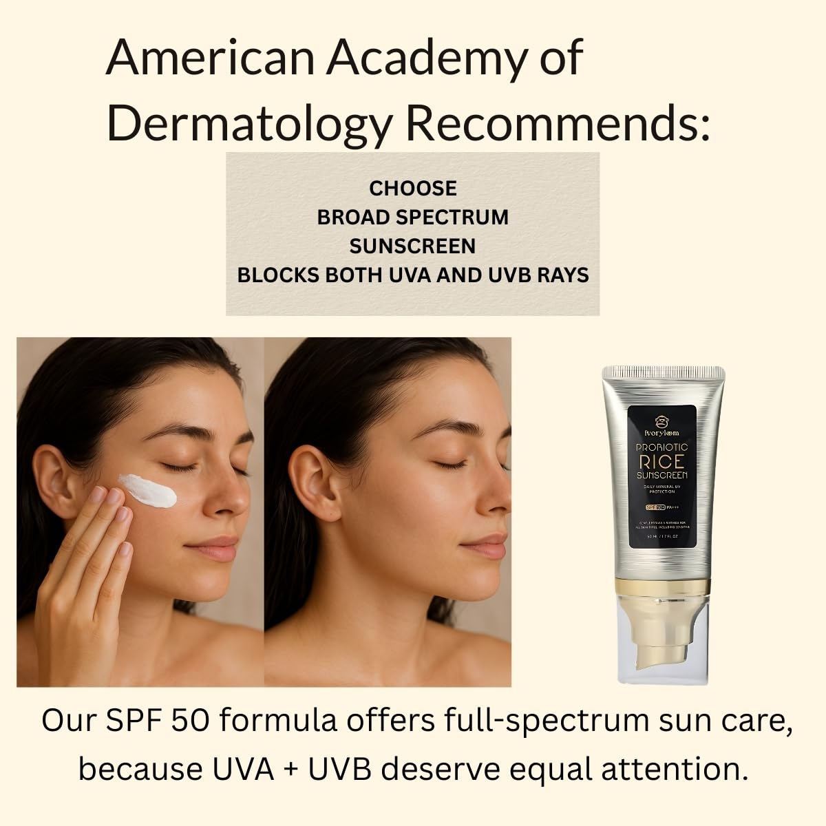 ivoryloom SPF 50 PA++++ Mineral Sunscreen | Fast Absorbing Hydration with Rice Ferment, Niacinamide, Hyaluronic Acid, Titanium Dioxide | Broad Spectrum | No White Cast | Reef Safe | 1.7 OZ