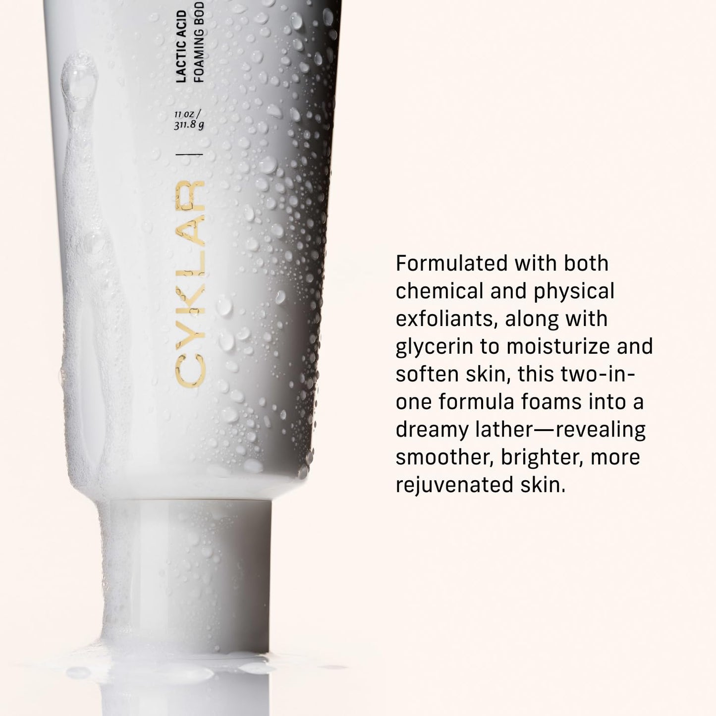 Cyklar Lactic Acid Foaming Body Polish – Exfoliating Body Wash with Chemical & Physical Smoothers – Includes Glycerin Hydration, Mandelic Acid & Volcanic Pumice. Fragrance-Free, 11 fl oz