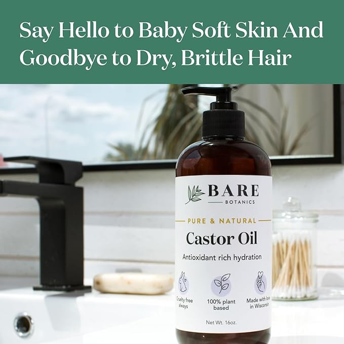 BARE BOTANICS 100% Pure Castor Body Oil 16 oz - Hexane Free & Natural for All Over Moisturization - Multipurpose Carrier Oil for DIY - Hydrate Dry Skin, Hair & Body - Vegan & Cruelty Free Beauty