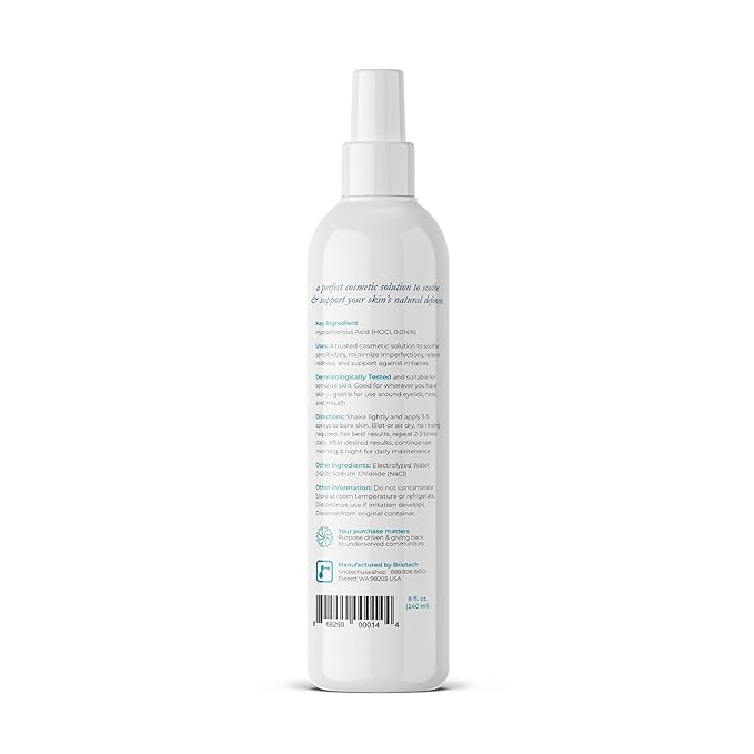 BRIOTECH Topical Skin Spray, Hypochlorous Acid Spray for Body & Face, Eyelid Cleanser, HOCl Facial Mist, Support Against Irritation, Calm Redness, Soothe Foot & Scalp, 8 fl oz, 1 ct