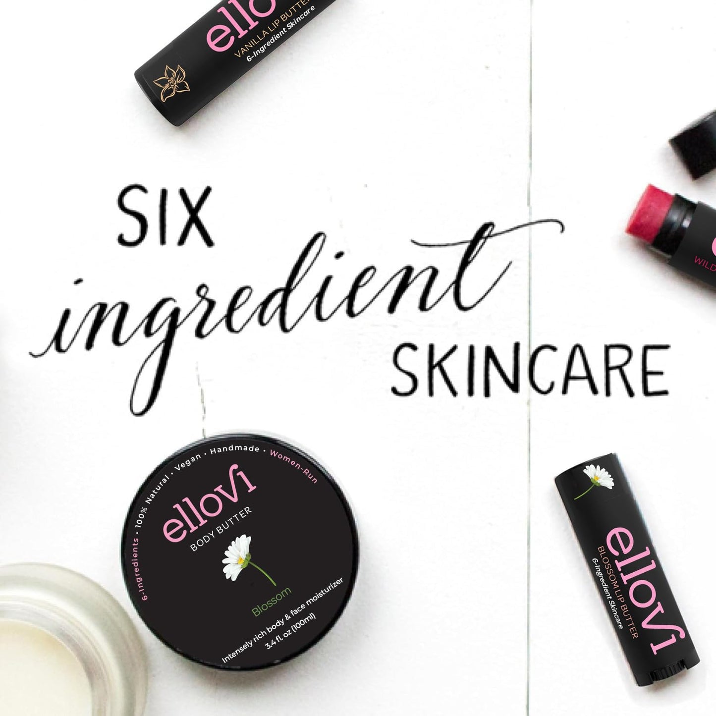 Ellovi Natural Lip Butter Lip Balm - Blossom - Pure Enough to Eat - Made With Just 6 Vegan Ingredients - Moisturizing Lip Care for All Day Hydration (3-Pack)