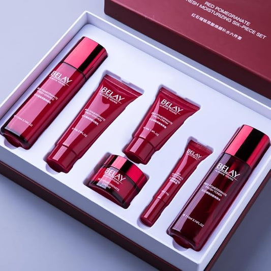 Pomegranate Hyaluronic Acid 6-Piece Set Skin Care Set Skin Care Routine For Women Renewal & Hydration With Facial Cleanser, Serum, Eye Cream Valentine's Day Gift