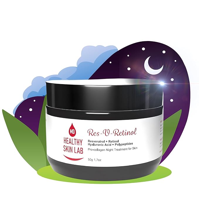 Res-V-Retinol Resveratrol Face Night Cream, Anti-Aging Neck & Décolleté Moisturizer With Retinol, Hyaluronic Acid, Polypeptides, Hydrates & Brightening, 1.7oz