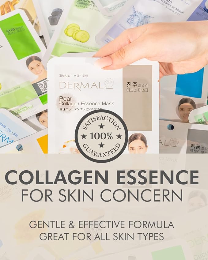 DERMAL 32 Combo Pack Collagen Essence Korean Face Mask - Hydrating & Soothing Facial Mask with Panthenol - Hypoallergenic Self Care Sheet Mask for All Skin Types - Natural Home Spa Treatment Masks