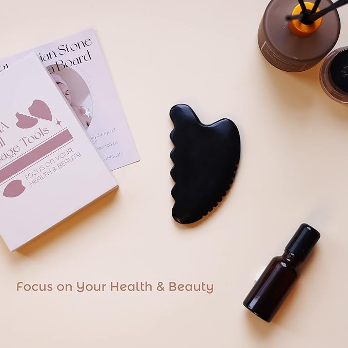 Gua Sha Facial Tools, Natural Bian Stone Gua Sha Jade Massage Tool, Body Gua Sha Stone with Comb, Large GuaSha Set for Traditional Acupuncture Therapy(Wave-Edge)