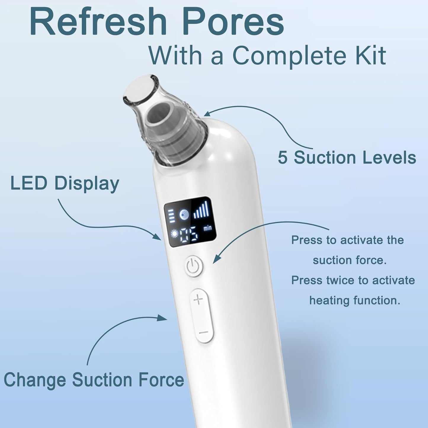 Vacuum Blackhead Remover Pore Cleaner with Heat & Red Light 5 Suction Levels Nose Pore Cleaner Rechargeable with LED Display, 6 Probes & Bonus Blemish Extractor Tools, Skincare Gift for Women