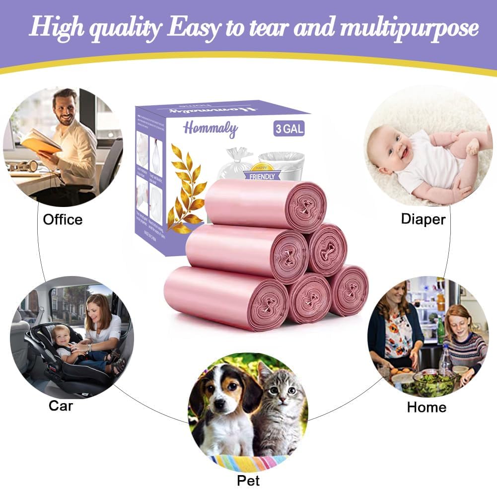 3 Gallon 180pcs Small Pink Trash Bags(Fit 2.6-3.2 Gal) Plastic Strong Pink Garbage Bags, Bathroom Trash Can Bin Liners, Waste Basket Liner, Fit 10-13 Liter, 2.5-2.6 Gallon,3.2Gallon(3-Pink180)