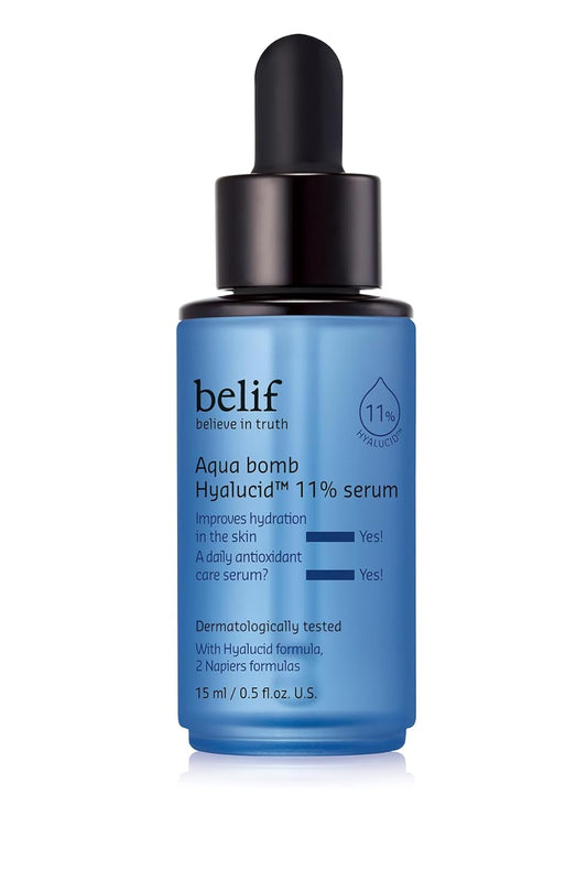 belif Aqua Bomb Hyalucid™ 11% Plumping Serum – Deep Hydration with 5 Types of Hyaluronic Acid, Aloe Vera & Moisture-Binders, Lightweight Skin Booster, Korean Skincare (0.5 fl.oz.)