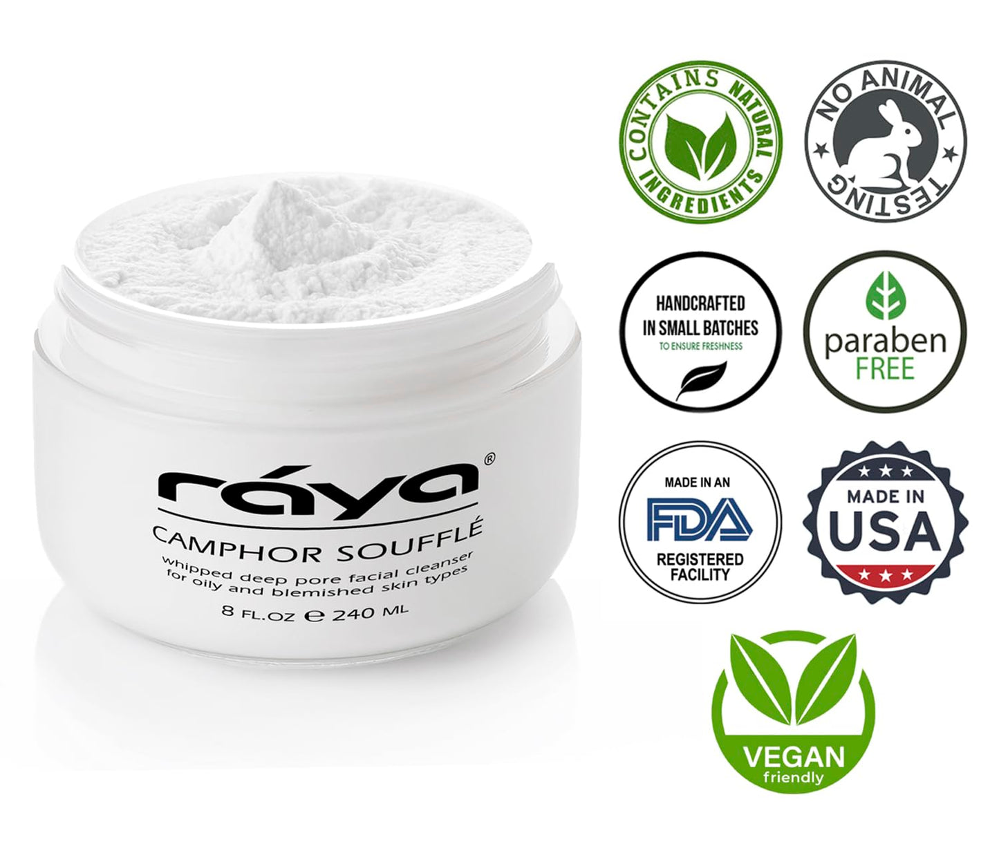 Raya Camphor Soufflé Facial Cleanser 8 oz (101) | pH Balanced Face Wash for Oily, Blemished, and Break-Out Skin | Helps Reduce White-Heads and Black-Heads and Clear Clogged Pores