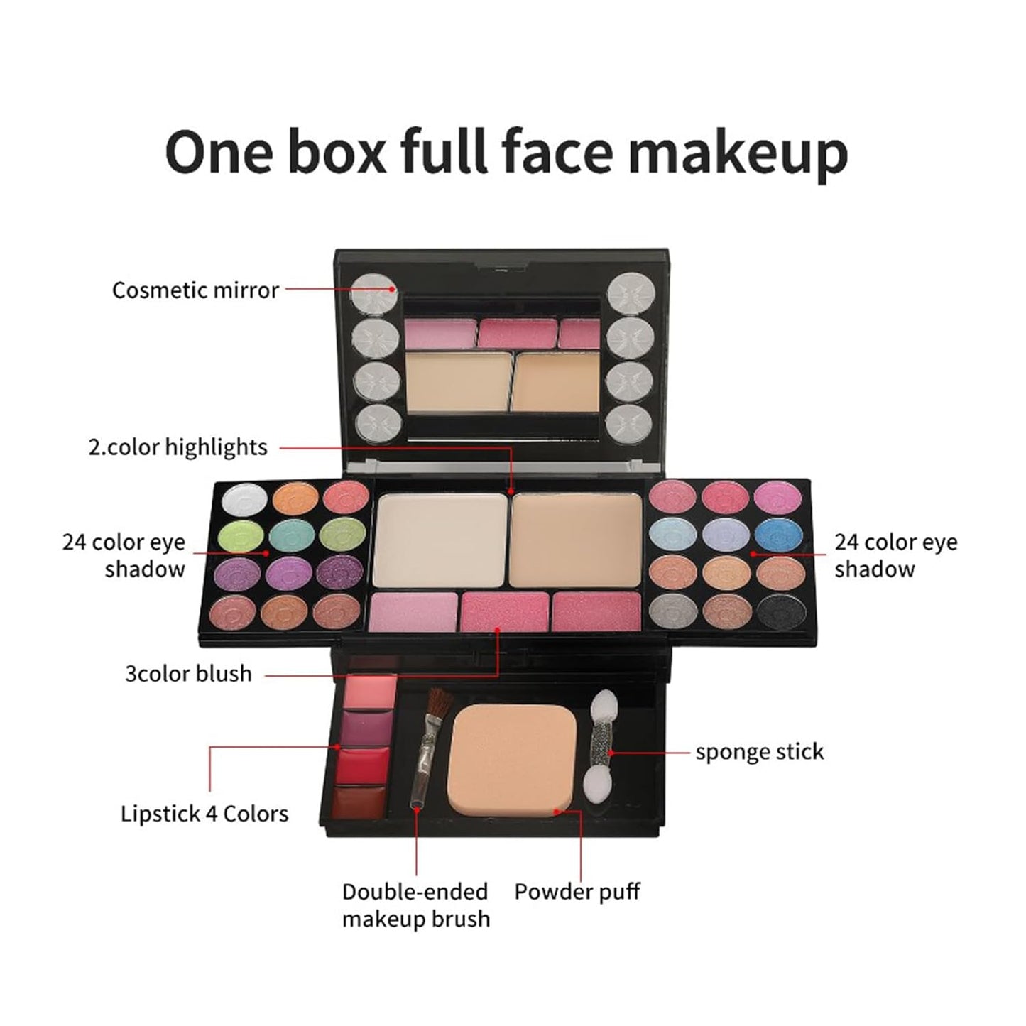 VolksRose Multi Functional Makeup Palette Set:24 Eyeshadow+3 Gradient Blushes+2 Highlights+Lipsticks 4 Colors,Complete Tools (Powder Puff+Dual-Ended Brush+Sponge Sticks+Mirror),Portable Present Case