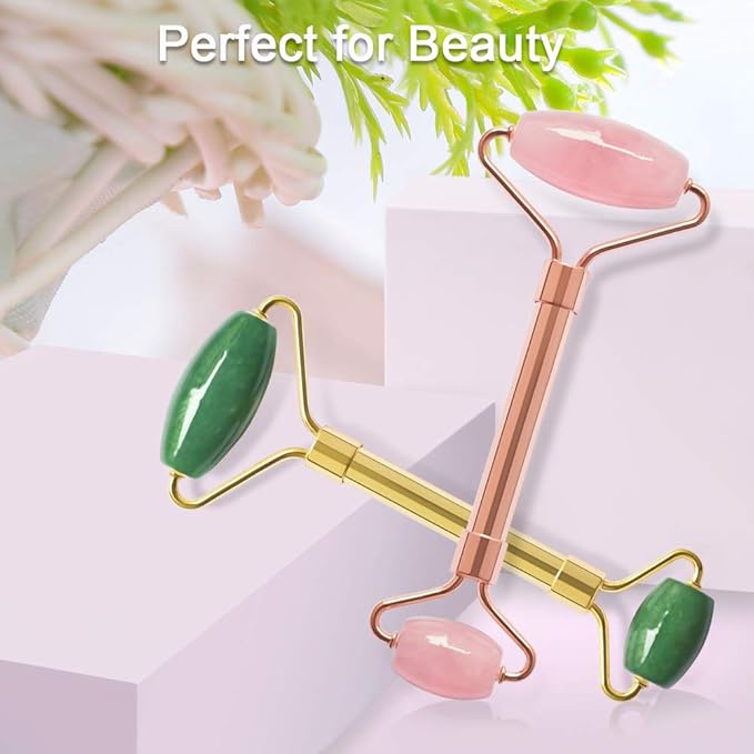 2 Pack Jade Facial Roller & Rose Quartz Face Roller for Wrinkles and Puffiness, Natural Jade Stone Face Massager Roller