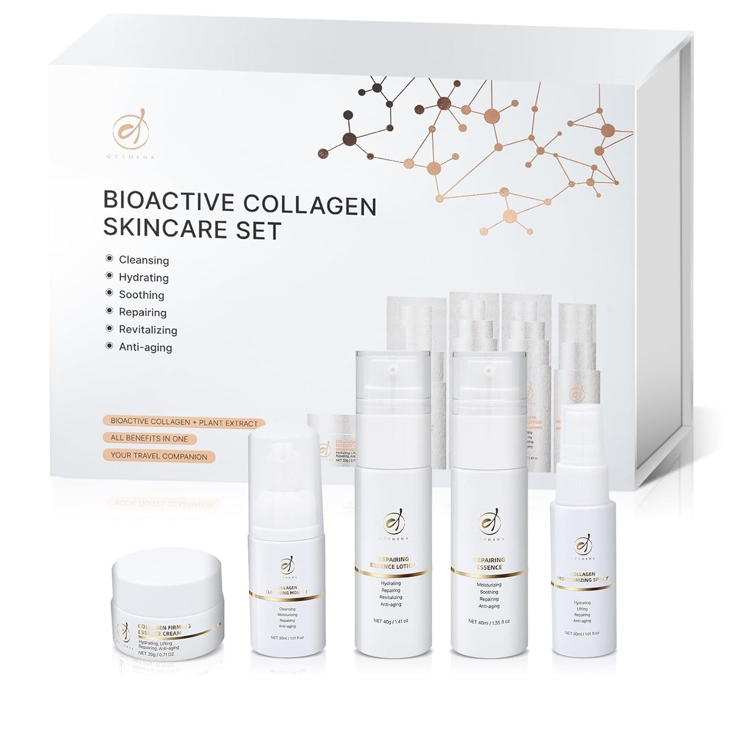 Bioactive Collagen Skincare Kit All In One for Travel Cleaning,Hydrating,Soothing,Repairing,Revitalizing,Anti-aging