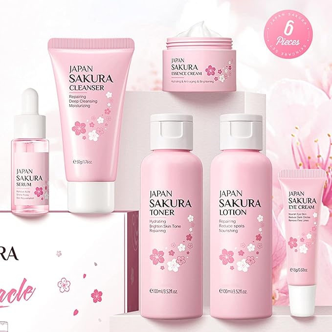 Skin Daily Skincare Set,Gentle Korean Skin Care Set,Skin Care Routine Kit for Women Gift Sets Includes Cleanser,Toner,Lotion,Serum,Eye Serum,Essence Cream Sakura Beauty Products (SetA)