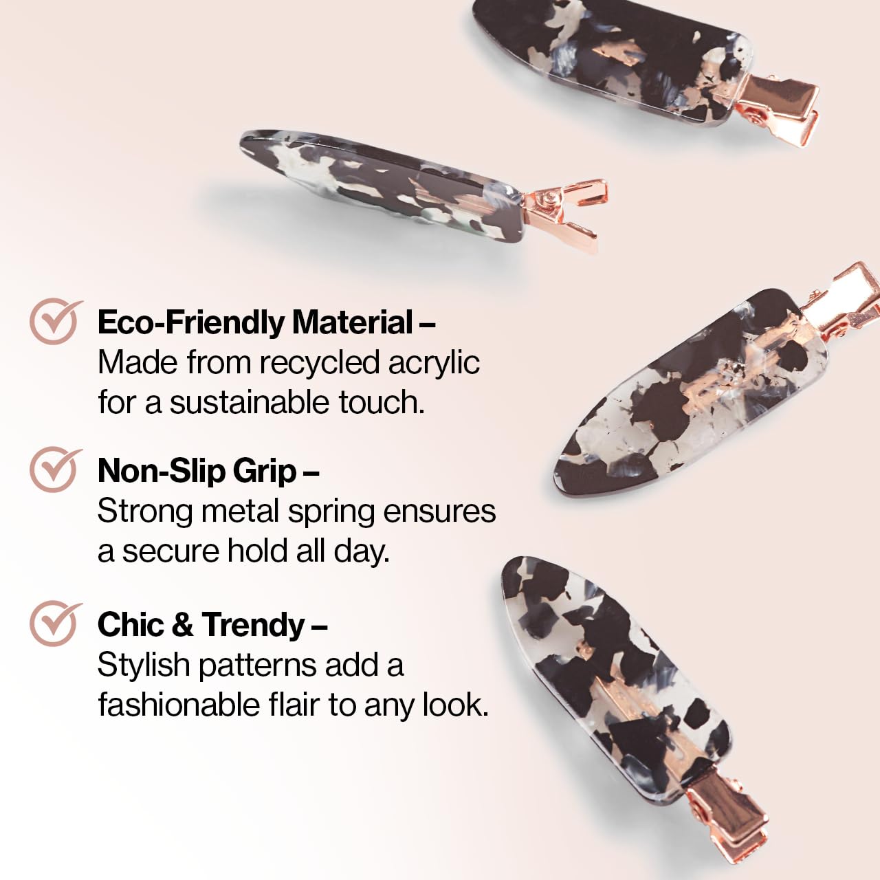 Kitsch Creaseless Hair Clips for Women - No Crease, No Bend Hair Clips for Styling, Bangs, Makeup Application, Face Wash | Recycled Acrylic - Black Terrazzo | Ideal Gifts for Women, 4pcs