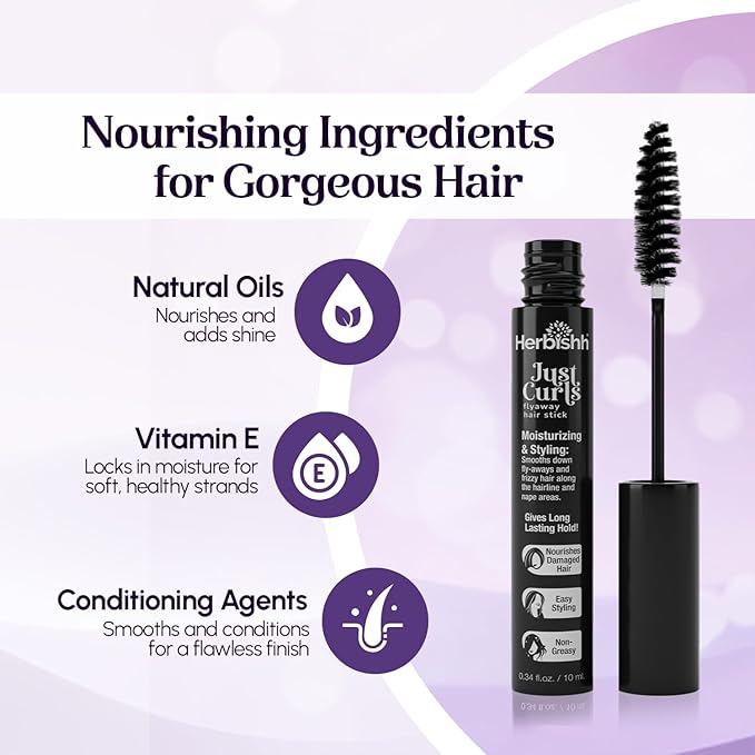 Herbishh Just Curls Flyaway Hair Stick, Quick Hair Finishing Stick for Flyaways, Frizz Control, & Slick Back Look, Non-Greasy Smoothing Serum & Frizz Tamer Wand for Hairline & Nape Areas 0.34 fl.oz