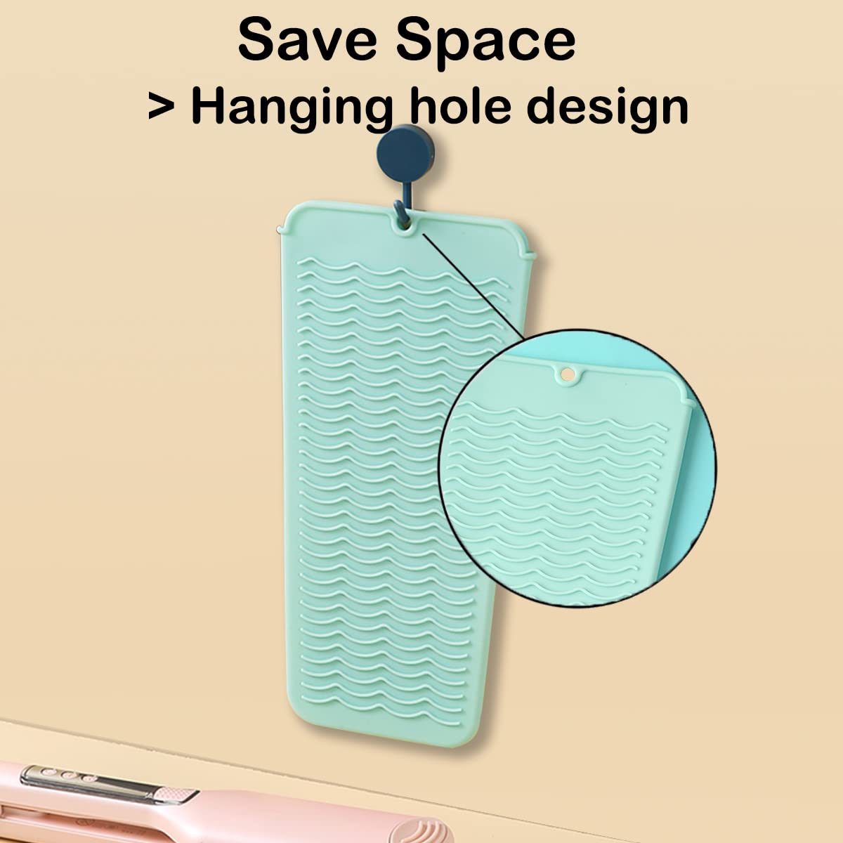Heat Resistant Silicone Mat with Hanging Hole, Straightener Heat Resistant Travel Mat & Pouch for Curling Iron, Flat Iron and Other Hot Hair Styling Tools, 11 x 5 in, Green