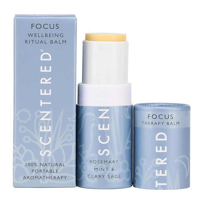 Scentered Aromatherapy Balm Stick for Focus & Concentration - Roll On Essential Oils Blend - 100% Natural: Rosemary, Mint, Clary Sage in Shea Butter - Aromatherapy Gifts for Women