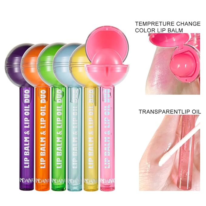 Lip Gloss and Lip Balm Combo, Magic pH Color Changing Lipstick & Vitamin E Clear Lip Oil Combo, Hydrating Plumping Lip Care Product for Girls(Blue)