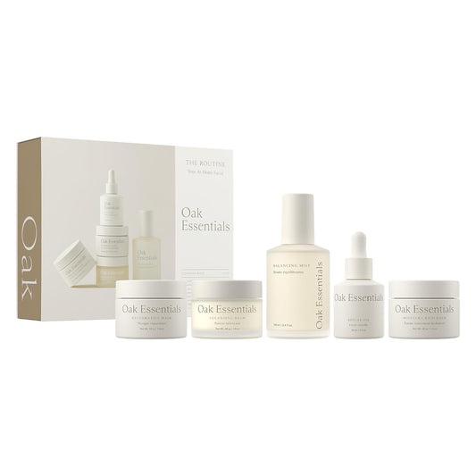 Oak Essentials The Routine At-Home Facial Gift Set | 5-Step Anti-Aging Skincare Routine with Blue Tansy Oil, Cleansing Balm & Face Mask