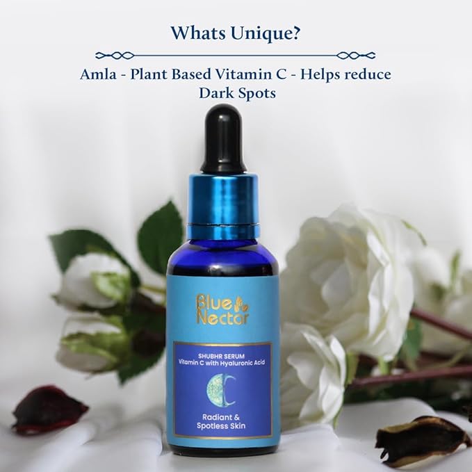 Blue Nectar Ayurvedic Vitamin C Face Serum for Dark Spot Correction and Glowing Skin | Hyaluronic Acid Serum with Plant-Based Vitamin C (9 Herbs, 1 Fl Oz)