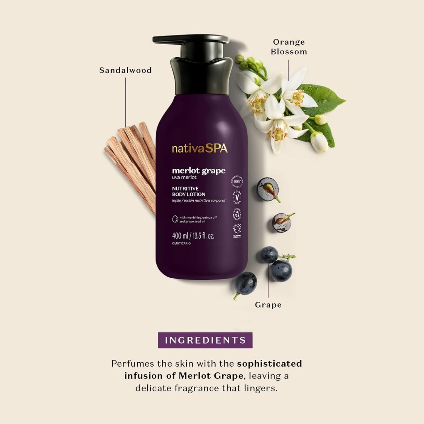 Nativa SPA by O Boticário Merlot Grape Body Lotion, Deep Hydration with Quinoa & Grape Seed Oil for Silky, Firm Skin 13.5 Ounce (400ml)