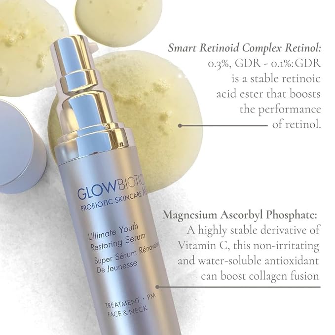 Glowbiotics Ultimate Youth Restoring Serum with Retinol, Probiotics, Vitamin C & Peptides – 5‑in‑1 Firming, Brightening Anti‑Aging Treatment for Face, 1 Fl Oz