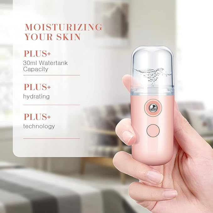 Honoson 2 Pieces Nano Facial Mister 30 ml Mini Face Humidifier Portable Facial Sprayer USB Rechargeable Handy Skin Care Machine for Face Hydrating, Daily Makeup (Light Pink and Blue)