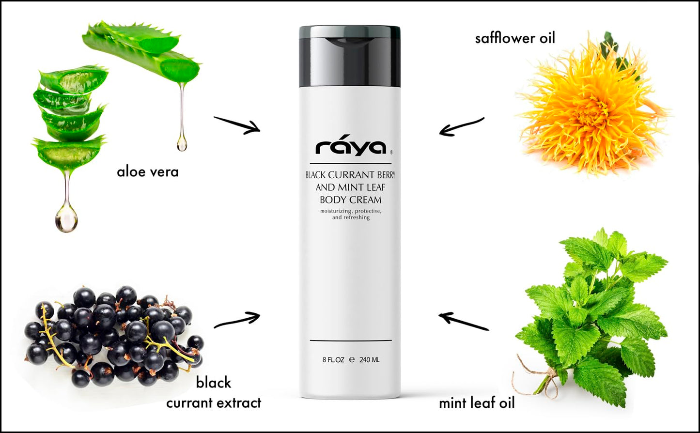 Raya Black Currant Berry and Mint Leaf Body Cream 8 oz (S-522) | Natural & Moisturizing Body Cream | Hydrates, Calms, and Prevents Dehydration and Irritation