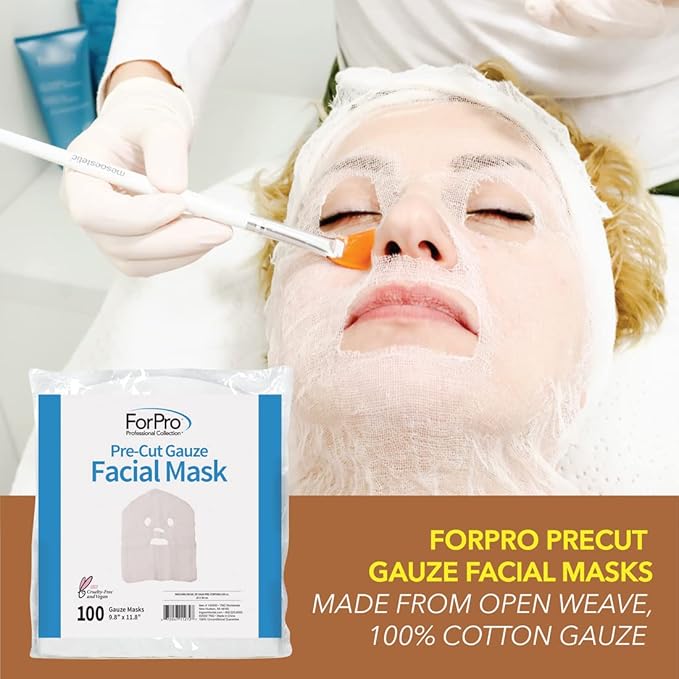 ForPro Professional Collection Precut Gauze Facial Mask, 100% Cotton Gauze, for High Frequency Facial Treatments and Masks, 100-Count