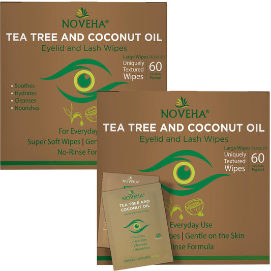 NOVEHA 120PCs Tea Tree & Coconut Oil Eyelid & Lash Wipes - For Demodex, Blepharitis & Itchy Eyes, Individually Wrapped Eyelash Wipes With Aloe Vera, Natural Makeup Remover & Daily Eye Cleanser - 2pack