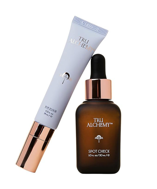 Tru Alchemy Spot Check + Eye Elixir Bundle | Brightening Serum + Spot Corrector with Niacinamide, TriDroxy Acid Blend, Hyaluronix + Cooling Eye Treatment with Hyaluronix, Caffeine, & Vitamin C